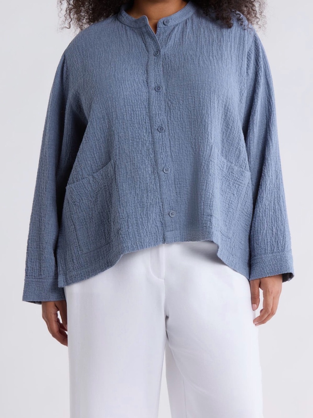 Eileen Fisher Organic Cotton Seersucker Shirt Jacket Coastal Old money